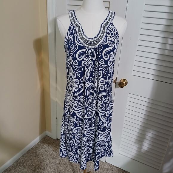 Apt 9 Small Halter Style Beaded Rounded-v-Neck Royal Blue White paisley A-line - Picture 3 of 15